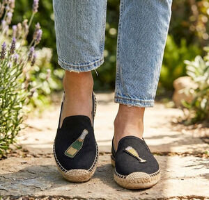 Soludos Cheers Champagne Bottle Espadrille Flats Black Beaded Slip On 6.5